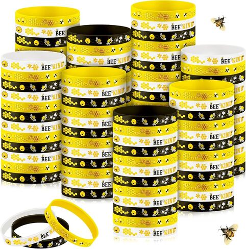 Poen 120 Pcs Bee Silicone Bracelets Bulk Bee Wristband Assorted Color Bee Theme Party Favors Bee Rubber Wristband for Summer Christmas Bee Birthday Party Supplies in Saudi Arabia