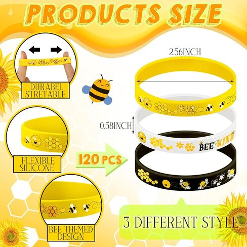 Poen 120 Pcs Bee Silicone Bracelets Bulk Bee Wristband Assorted Color Bee Theme Party Favors Bee Rubber Wristband for Summer Christmas Bee Birthday Party Supplies in Saudi Arabia