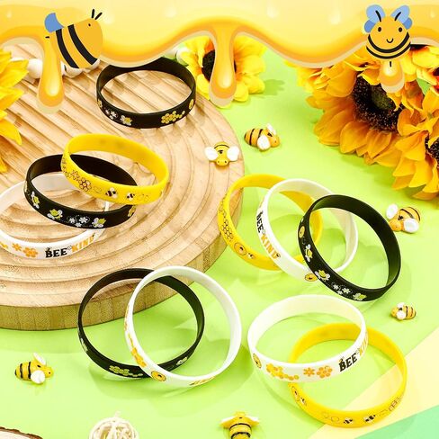 Poen 120 Pcs Bee Silicone Bracelets Bulk Bee Wristband Assorted Color Bee Theme Party Favors Bee Rubber Wristband for Summer Christmas Bee Birthday Party Supplies in Saudi Arabia