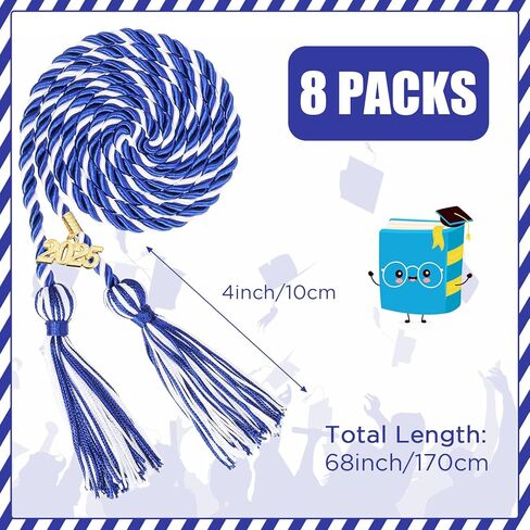 WOANGER 8 PCS الأزرق والأبيض الحبال 67 بوصة الشرف مع شرابة و 2025 سنة تخرج التخرج لطلاب الجامعات دكتور ماجستير in Kuwait