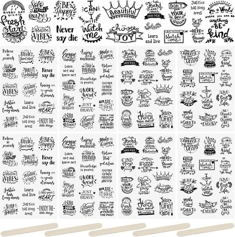 Wandic Vintage Rub على ملصقات النقل ، 16 ورقة 2 أنماط 2 أنماط أسود وأبيض ملصقات مخططة Happy نقل ملصقات الأثاث ملصقات الكلمات الملهمة للفنون DIY in Kuwait