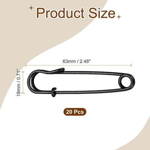 HARFINGTON 20pcs Safety Pins 2.48 Inch (63mm) Electroplated Steel Large Safety Pin Heavy Duty Sewing Safety Pins Bulk for Clothes Sewing Arts DIY Crafts, Black in Kuwait