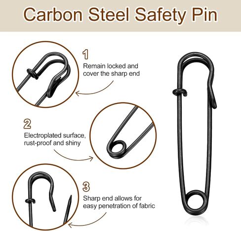 HARFINGTON 20pcs Safety Pins 2.48 Inch (63mm) Electroplated Steel Large Safety Pin Heavy Duty Sewing Safety Pins Bulk for Clothes Sewing Arts DIY Crafts, Black in Kuwait