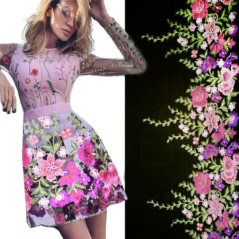 1Yard Lace Fabric Trim,16inch Extra Wide Embroidered Colorful Flowers Lace Trim, Part of Dress Home Party Sewing on Applique Patches for DIY Decoration (White mesh) in Saudi Arabia