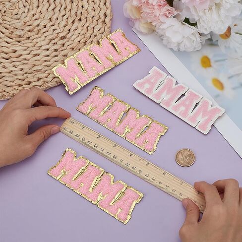 Fingerinspire 4 PCS Pink Letter Patches Chenille 1.77x4.9inch Mama Letter Iron on Patch Word Mama Sew on the seques patch pask plant yourdived yourdiques for cloth stal at diy diy in Kuwait