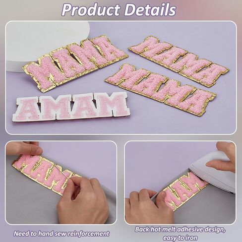 Fingerinspire 4 PCS Pink Letter Patches Chenille 1.77x4.9inch Mama Letter Iron on Patch Word Mama Sew on the seques patch pask plant yourdived yourdiques for cloth stal at diy diy in Kuwait