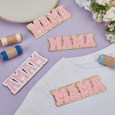 Fingerinspire 4 PCS Pink Letter Patches Chenille 1.77x4.9inch Mama Letter Iron on Patch Word Mama Sew on the seques patch pask plant yourdived yourdiques for cloth stal at diy diy in Kuwait