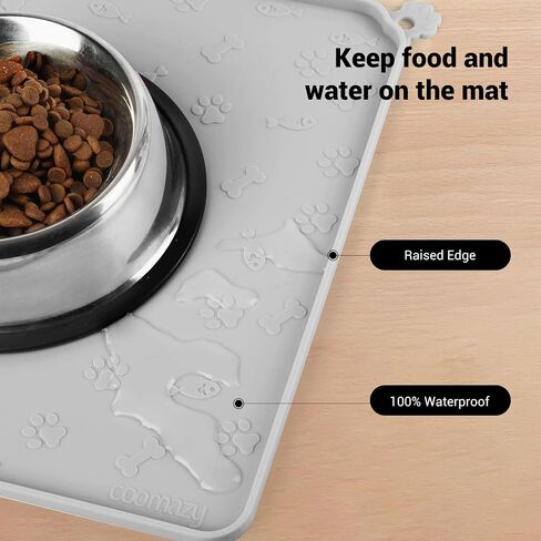 Coomazy Dog Food Mat, Silicone Waterproof Cat Feeding Mat Raised Edges, Nonslip Pet Placemat Bowl Tray to Stop Food Spills and Water Messes Out to Floor, 18.9x11.8 Grey in Saudi Arabia