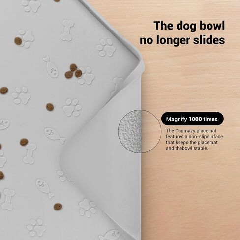 Coomazy Dog Food Mat, Silicone Waterproof Cat Feeding Mat Raised Edges, Nonslip Pet Placemat Bowl Tray to Stop Food Spills and Water Messes Out to Floor, 18.9x11.8 Grey in Saudi Arabia