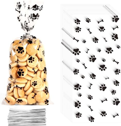 60 PCS Plastic Dog Paw Cellophane Treat bags with Ties Goodie Candy Cookie Goody Gift Bags Pouches Clear Baby Shower Pet Puppy Birthday Party Decorations Favors Supplies Wrapping Stuffers(5x11) in Kuwait