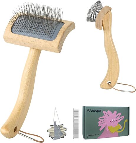 Dog Slicker Brush for Shedding,Dog Brush for Long Haired Dogs & Remove Tangles & Mats,Ergonomic Handle Grooming Like Professional,Beech Wood,S in Kuwait