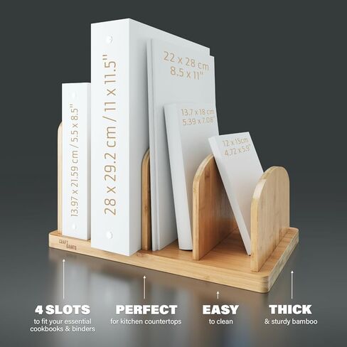 Cook Book Organizer, Recipe Book Holder Rack, Tabletop Stand for Convenient Cookbook Storage, 4-Slot Cook Book Stand Kitchen, Binder Holder for Desk & Countertop (Black, 12.6 x 8 7.72'') in Kuwait