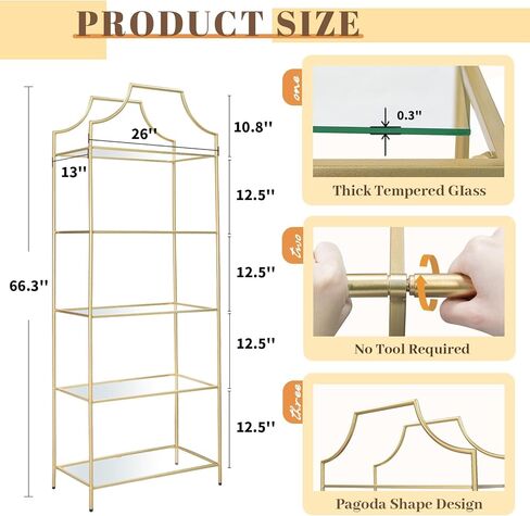 3 Tier Bookshelf, Metal Book Shelf for Storage, Storage Display Bookcase, Modern Open Book Case for Bedroom, Living Room, Glass Office Organization Shelf, 41.3" X 26" X 13" in Kuwait