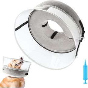 Inflatable Dog Cone Collar for Dogs After Surgery, 2 in 1 Soft Inflatable Dog Cone with Manual Inflator and Clear PVC Anti-Licking Shield, Dog Recovery Protective Collar(Grey,Color:L)