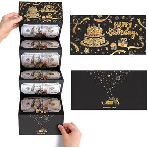Black Gold Happy Birthday Money Envelope for Cash, DIY Money Holder with 6 Slots for Cash, Surprise Card Holder for Birthday, Money Gift Card for Men Women