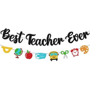 Best Teacher Ever Banner Thank You Teacher We Love Our Teacher Party Decorations for Teacher Classroom Celebrate Teacher Appreciation Week Party Supplies (Black)