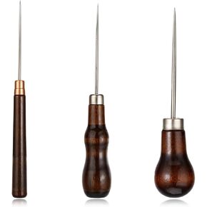 3 PCS AWL TOOL SET SCRECK AWL TOOL مع مقبض خشبي قرع ثقب أدوات الإبرة BRADELL شكل دبوس اللكم لأحذية إصلاح حفرة ثقب من الجلد (بني محمر)
