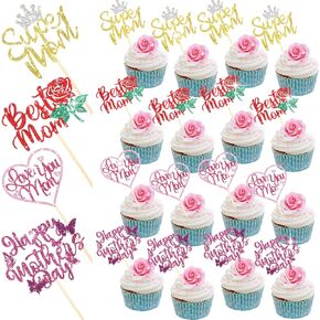 Spakon 60 PCS Happy Mothers Day Cupcake Topcake Topcake Glitter Cake Topcake ملصقات كب كيك أحبك يا أمي أم عيد ميلاد سعيد لحزب اللوازم الجليد (أسلوب لطيف)