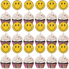 Seajan 48 PCS One Happy Dude Birthday Cupcake Topcake Smile Face Face Topper Toppery Hippie First Hirth First Decoration Mini Cake.