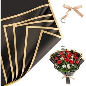 Sawnfay 20 Sheets Flower Wrapping Paper, Waterproof Bouquet Wrapping Paper,with 3D Gold Butterfly, Ribbon and Greeting Cards for Wedding DIY Craft Birthday Graduation (Pink)
