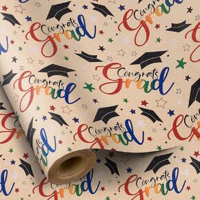 RUSPEPA Graduation Wrapping Paper Roll, Mini Roll, Colorful Congrats Grad Wording with Toga Caps and Stars Kraft Gift Wrap Paper Perfect for Graduates, 2025 Graduation Party, 17 Inches X 16.4 Feet
