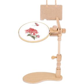 Natural Beech Wood Embroidery Hoop Stand, Adjustable 360° Rotate Cross Stitch Needlepoint Stand Wooden Sitting Embroidery Hoop Frame Holder for DIY Art Craft Sewing Needlework Projects Supplies
