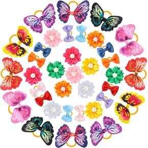 Janinka 36 Pieces Dog Hair Bows with Rubber Bands Butterfly Small Dog Knotted Bows Flower Pearls Elastic Hair Ties Bands for Pets Puppy Cats Grooming Accessories
