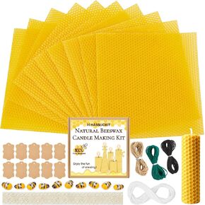 Hasslickit Natural Beeswax Candle Kit للأطفال والبالغين-12 صفائح شمع العسل لشمعات صنع شموع مصنوعة DIY (اللون الأصفر الطبيعي ، 8 × 8 بوصة)