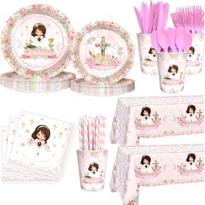 194 PCS PINK MI Primera Comunion Party Supplies Decorations for Girl Pink First Compleion Party Decorations Dispipable Tablelude With Plates Fackins and TableCloth يقدم 24 ضيفًا