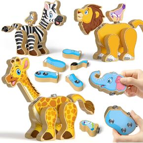 Coogam Wooden Snap معًا بناء لعبة ، قم بتقليص بناة البناء ، ولبنات بناء الحيوانات ، و STEM Fine Motor Learning Gift for 3 4 5 5 سنوات أطفال