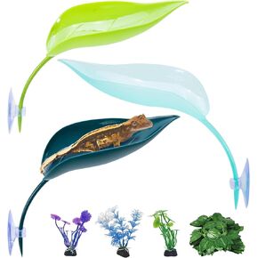 Kathson 3pcs crested gecko تسلق ألعاب ، والزواحف على شكل ورقة منصة منصة الضفدع البلاستيكي مع كوب الشفط بيتا الراحة الدبابة بقعة الدبابة الضفدع الضفدع البرمائيات
