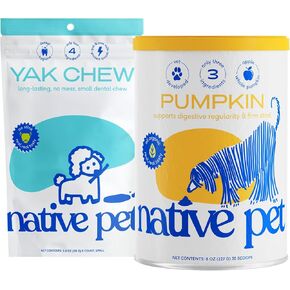 Native Pet Yak Chews for Dogs (5 Small Chews) & Organic Pumpkin for Dogs (8 oz.) - All Natural Dental Chew for Dogs Made with Yak Cheese for Aggressive Chewers and All-Natural, Organic Fiber for Dogs