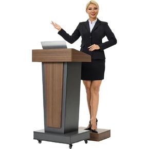 Wooden Podium Stand with Wheels, Mobile Wood Lectern with Large Storage, Elegant Pulpit for Churches, Classrooms & Conferences, Scratch-Resistant Finish, Heavy Base (with 4"Elevated Footrest)