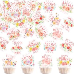56 Pcs Edible Cupcake Toppers with Floral Decorations for Mother's Day, Mom's Birthday, and Best Mom Ever Celebrations (Mother's Day Round)