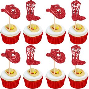 24 PCS Cowboy Cupcake Toppers Glitter Cowgirl Hats Boots Cupcake يختار ديكورات الحزب الغربي للأولاد الفتيات الغربيين موضوعًا للاستحمام طفل عيد ميلاد ديكورات كعكة