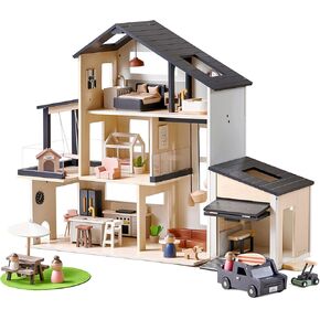 Tiny Land Modern Family Dollhouse & Wooden Dollhouse Garage Toy