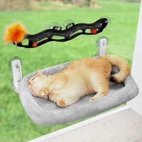 Odoland Cat Window Hammock مع كرات نفق الامتصاص لعبة - سرير القطط الكبيرة مع إطار معدني وأكواب شفط - تركيب قابلة للتنسيق القابلة للغسل في الأمام والخلف للصيف والشتاء