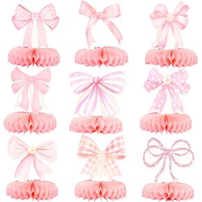Gyufise 9pcs Pink Bow Party Honeycomb Centerpinces Decorations Pink Bow Coquette Decorations Decorities Pink Bow Paper Coquette Party Form