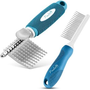 حزمة Poodle Pet - أداة دمج فرشاة مشط الفراء مع شفرات أمان من الصلب ومشط الحيوانات الأليفة المبللة مع أسنان طويلة وقصيرة من الفولاذ المقاوم للصدأ لفصل الشعر السف