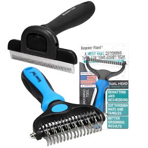 Maxpower Planet Dog Grooming Rake و Black Deseshedding Tool - فرشاة جلبة جلدية على الوجهين وفرشاة الاستمالة للحيوانات الأليفة