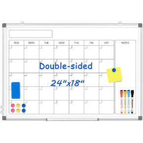 Monthly Calendar Dry Erase Whiteboard for Wall, 24" x 18" Magnetic Calendar White Board, Double-Sided Portable Board for Office, Kitchen, School, Home