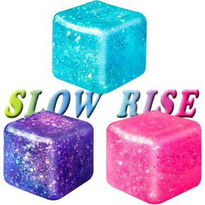 3Pcs Stress Cubes Mini Small ice Squishy Bulk for Kids Adults Slow Rise Glitter Nice Relief Balls Squeeze Sensory Pack for Anxiety, Funny Gifts for Holiday/Birthday/Classroom(Purple Blue Pink)