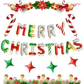 FunHot Merry Christmas Balloons Banner, Red Green Merry Christmas Foil Balloons, 16 Inch Xmas Letter Balloons with 10 Inch Christmas Green Red Star Balloons for Christmas Themed New Year Party Decor