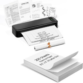 Bluetooth Inkless Thermal Printer Black & 200 Sheets 8.5" x 11" US Letter Thermal Paper, Compatible with iPhone Android Laptop for Home Car Office
