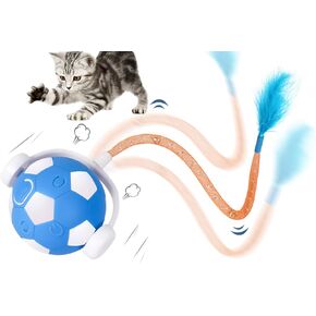 TBTeek Interactive Cat Toys Ball, Agile Moving with Elastic Mesh Tail, Bells & Feathers, Automatic & Motion Activated Cat Kitten Toys for Bored Indoor Cats (Blue)