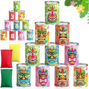 Hawaiian Tiki Can Toss Game Bean Bag Toss with 10 Tin Cans and 3 Bean Bag for Summer Luau Family Birthday Tropical Hawaii Aloha Indoors Outdoors Activities Party Supplies
