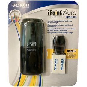Westcott ipoint aura titanium noncctick electric pencil shraipener (مع مبراة يدوي المكافأة وممحاة اثنين) ، أسود