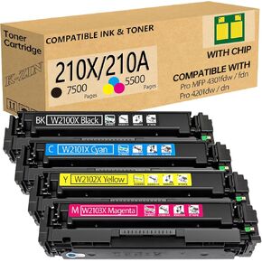 High-Yield 210X/210A Toner Cartridges 4-Pack with Chip - Compatible with HP 210X/210A (W2100A/W2100X) & HP Laserjet Pro MFP 4301fdw/fdn, 4201dw/dn Series | Black/Cyan/Magenta/Yellow