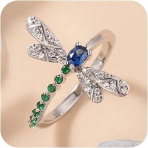 Sdouefos emerald Zircon Dragonfly Ring S925 Sterling Silver Fashion Blue Gem Dragonfly Vintage Ring ، Farmarling Dragonflies Ring مع Diamonds Fashion Jewelry Band Size 10