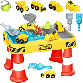 BELLOCHIDDO Sand and Water Table for Toddlers - Summer Toys with 4 Construction Trucks, Portable Outdoor Sandbox Activity Table, Beach Toys for Boys & Girls